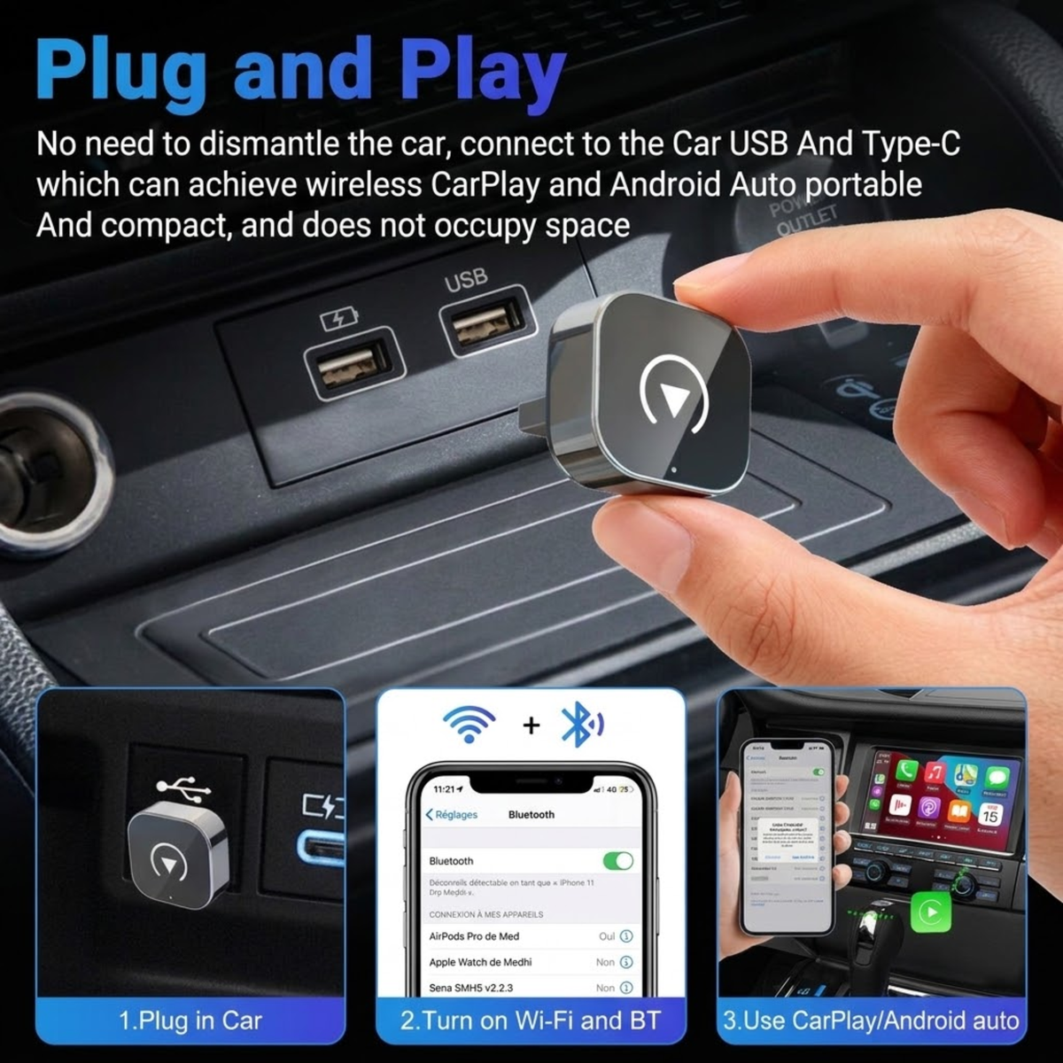 Mini Wireless CarPlay Adapter being plugged into a car console USB port, with three-step plug, pair and use setup guide