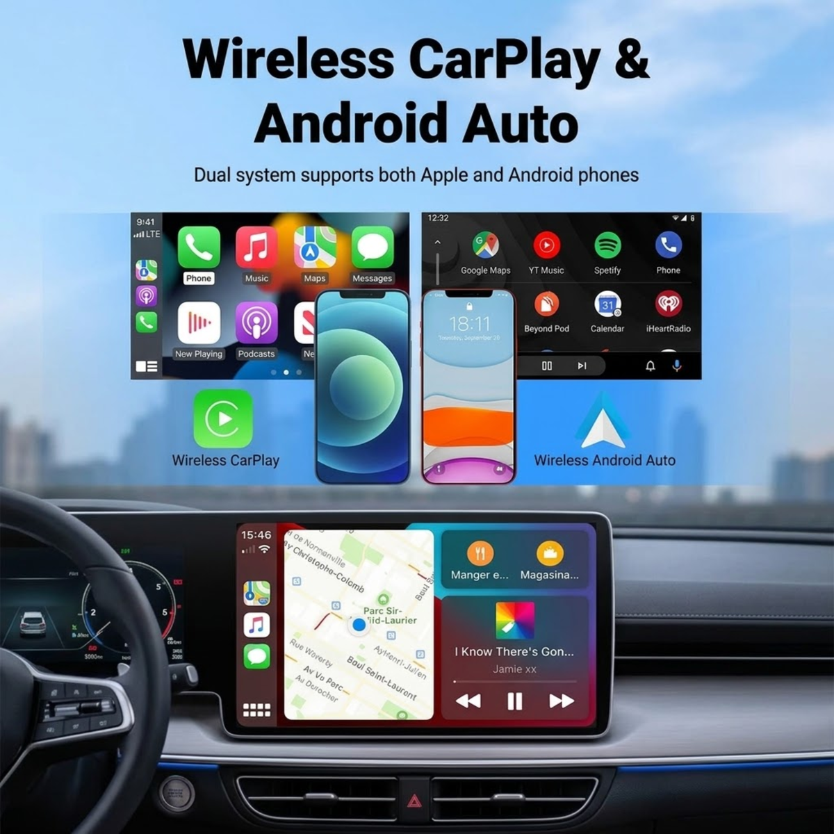 Car infotainment screen running wireless Apple CarPlay and Android Auto via the Mini Wireless CarPlay Adapter