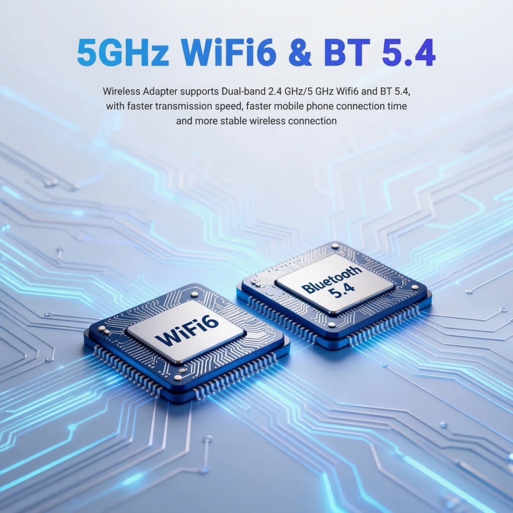 Illustration of dual-band 5 GHz Wi-Fi 6 and Bluetooth 5.4 chips inside the Mini Wireless CarPlay Adapter