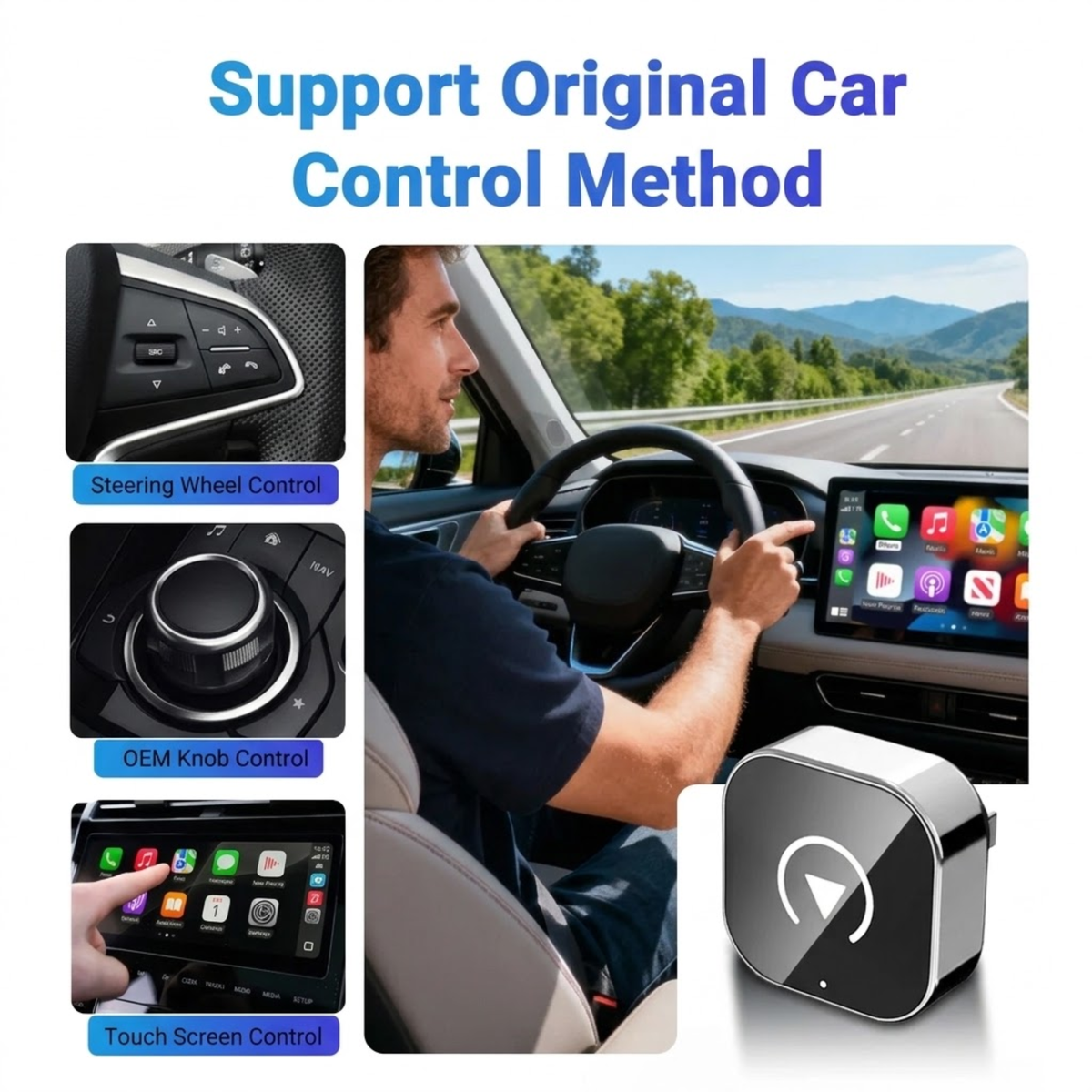 Driver using wireless CarPlay with the Mini Wireless CarPlay Adapter, keeping steering wheel, knob and touchscreen controls
