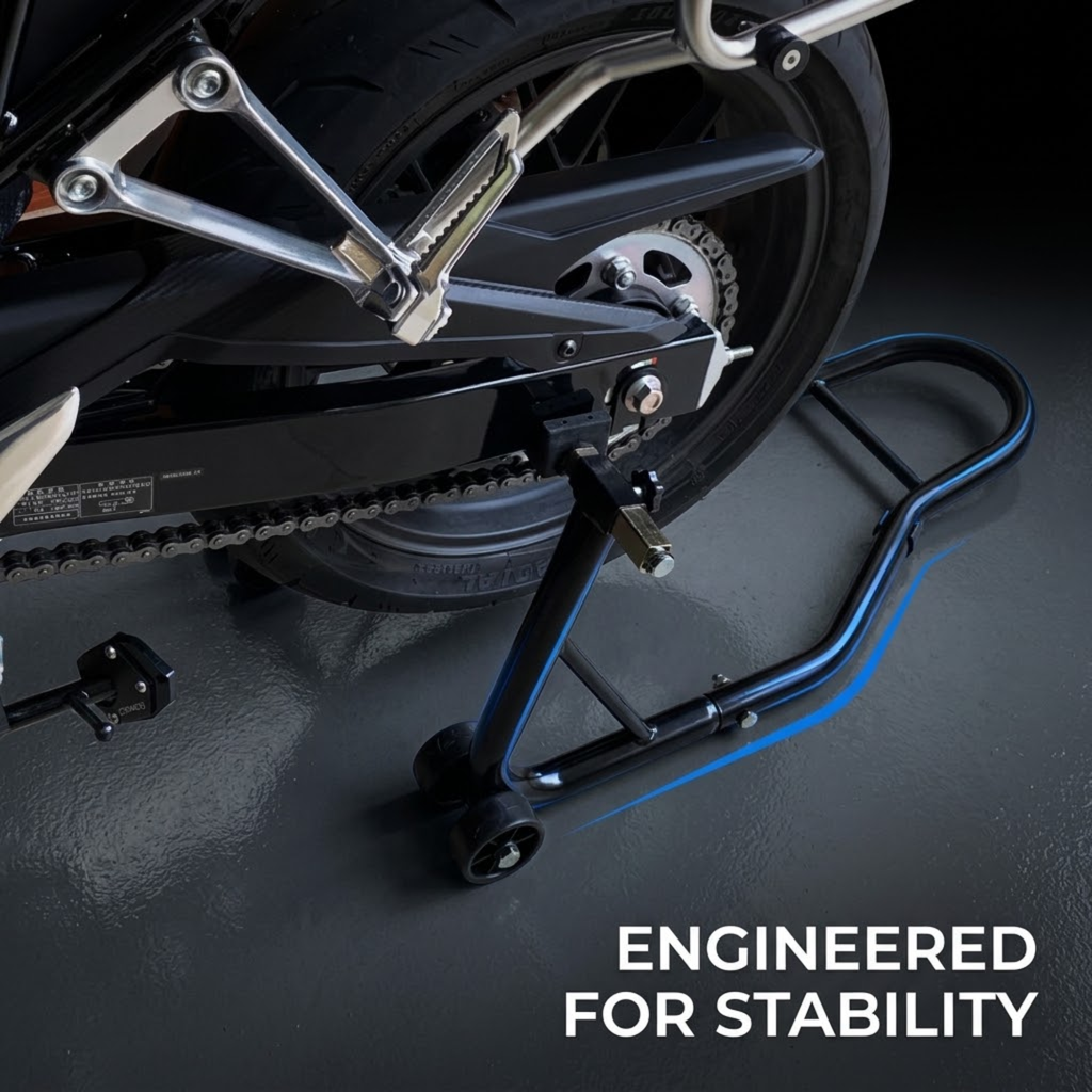 A black motorcycle rear wheel stand supporting the rear wheel of a motorcycle on a dark studio floor, with blue accent lines and the text 'ENGINEERED FOR STABILITY' in the lower right corner.