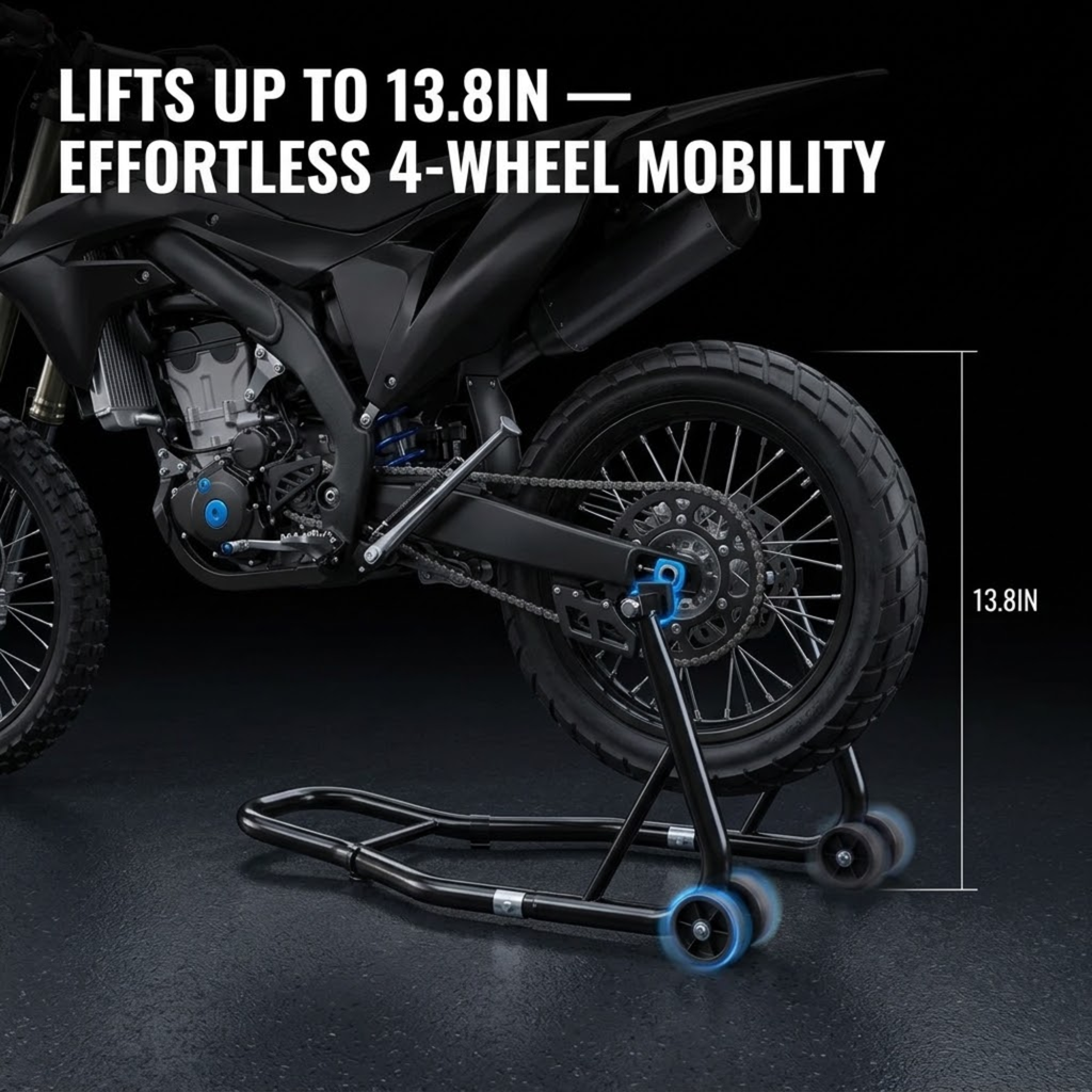 A black motorcycle wheel chock stand supporting a rear wheel, shown on a dark studio background with overlaid text reading 'LIFTS UP TO 13.8IN — EFFORTLESS 4-WHEEL MOBILITY' and a vertical measurement marker of 13.