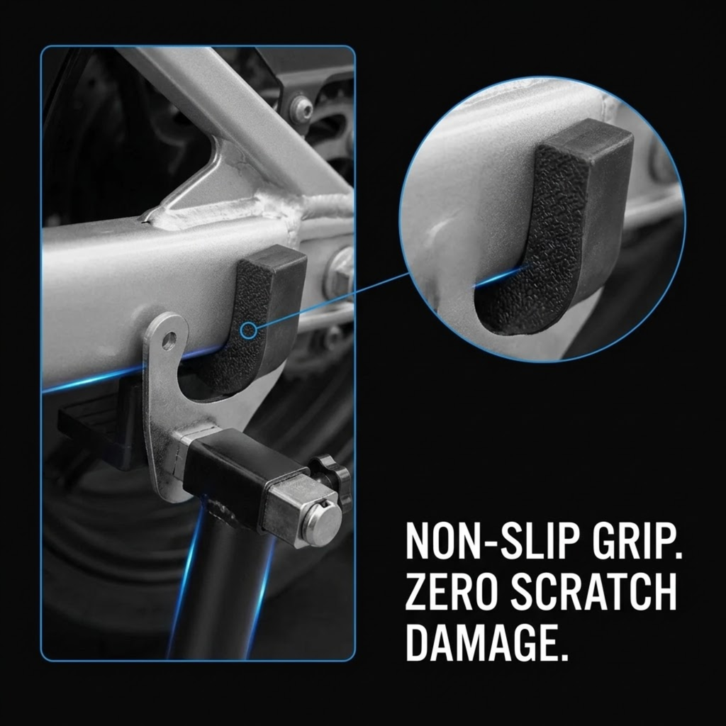 Black non-slip grip foam pad shown mounted on a metal frame component, with a circular close-up inset and text reading 'NON-SLIP GRIP. ZERO SCRATCH DAMAGE.