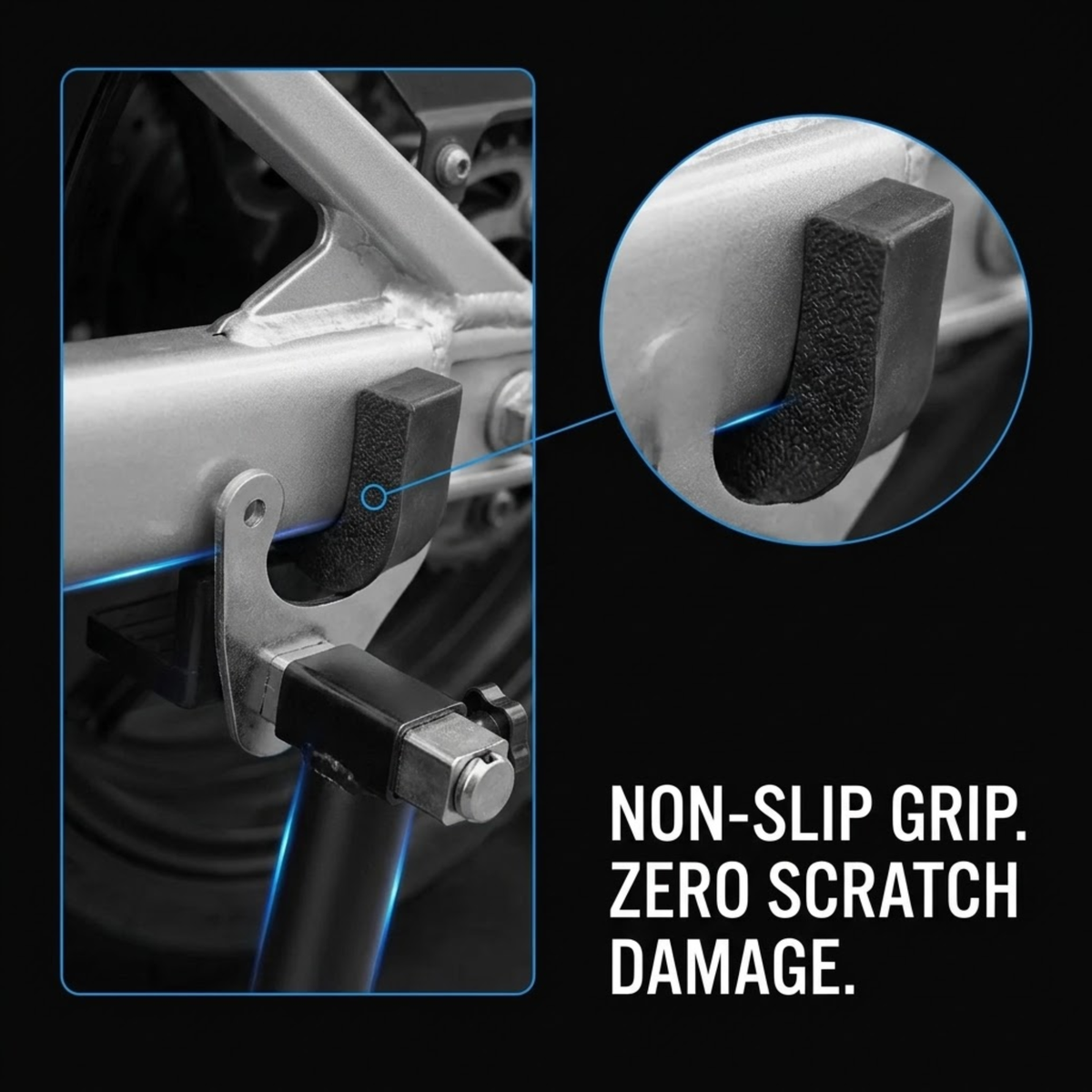Black non-slip grip foam pad shown mounted on a metal frame component, with a circular close-up inset and text reading 'NON-SLIP GRIP. ZERO SCRATCH DAMAGE.