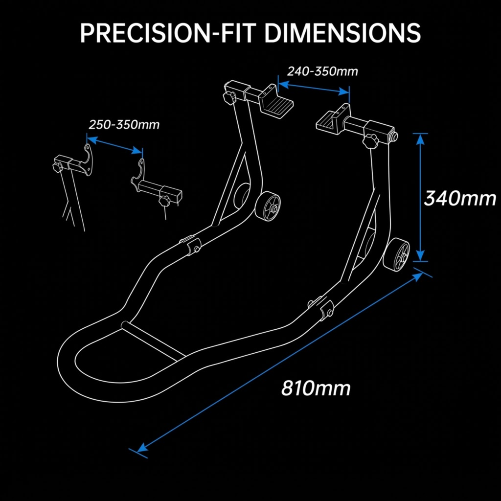White line drawing of a bicycle frame with dimension annotations on a black background, including text reading 'PRECISION-FIT DIMENSIONS' and measurements such as 810mm, 340mm, 240-350mm, and 250-350mm.