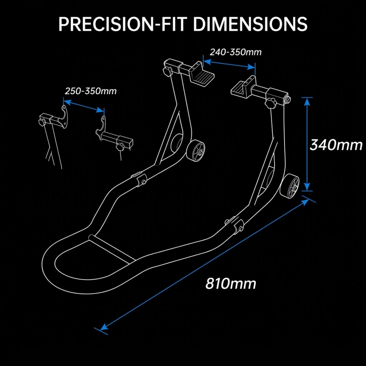 White line drawing of a bicycle frame with dimension annotations on a black background, including text reading 'PRECISION-FIT DIMENSIONS' and measurements such as 810mm, 340mm, 240-350mm, and 250-350mm.