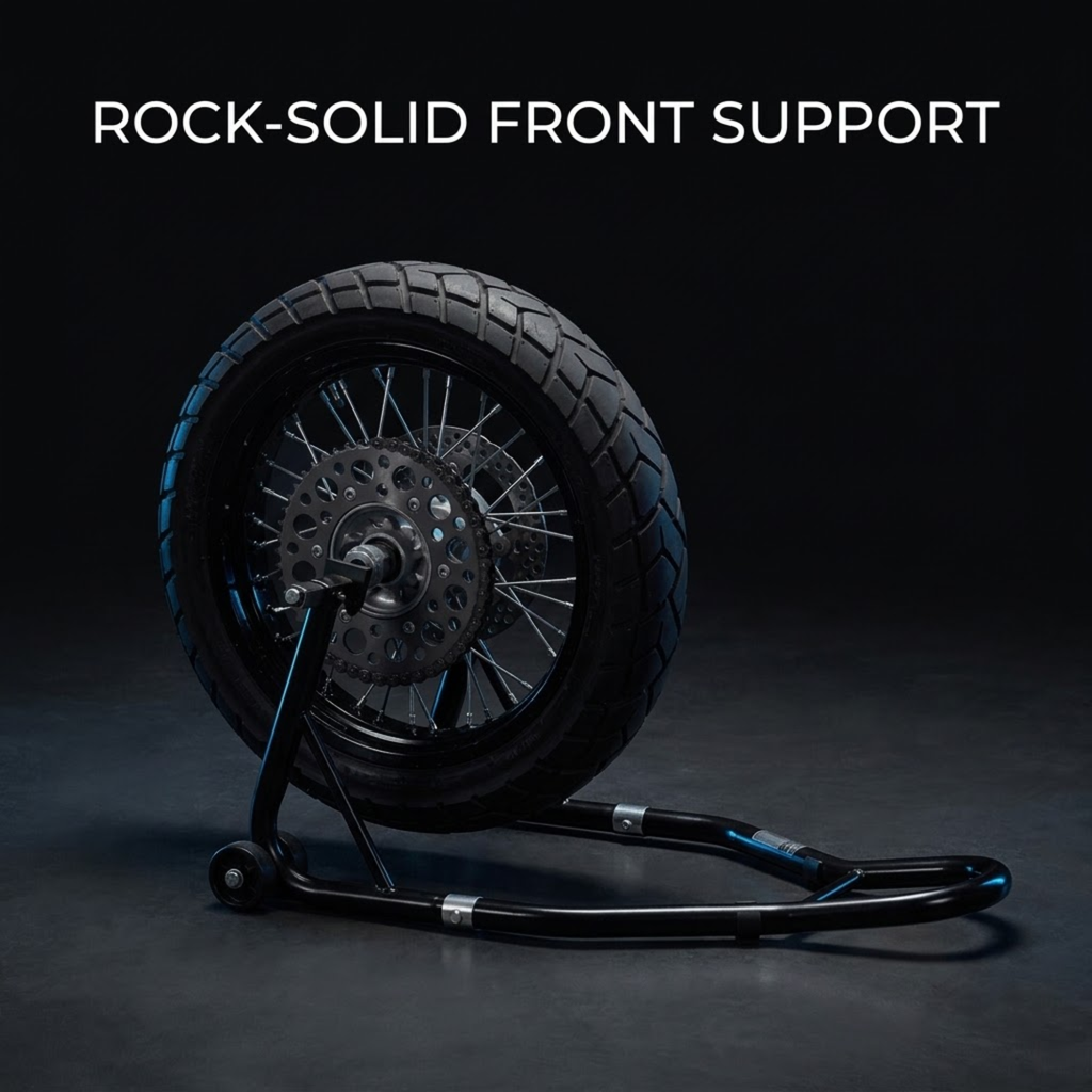A motorcycle wheel with a black tire and disc brake assembly resting on a black metal front support stand against a dark studio background. White text at the top reads 'ROCK-SOLID FRONT SUPPORT'.