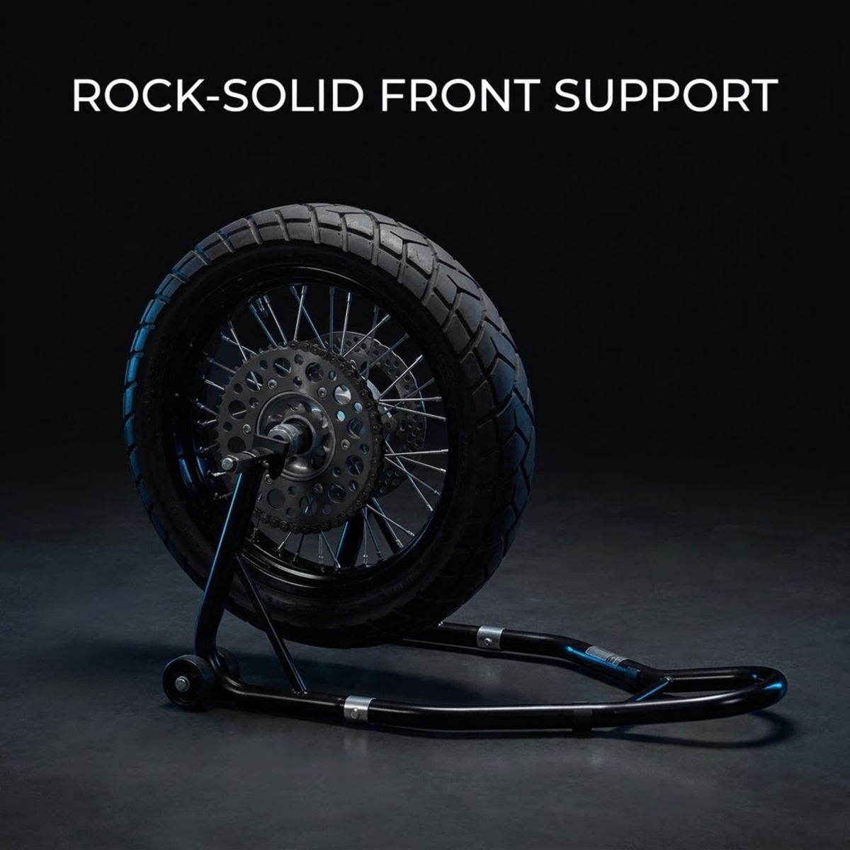 A motorcycle wheel with a black tire and disc brake assembly resting on a black metal front support stand against a dark studio background. White text at the top reads 'ROCK-SOLID FRONT SUPPORT'.
