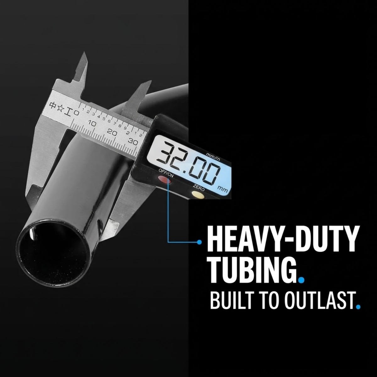 A digital caliper measuring a black heavy-duty tube against a black background, with white text reading 'HEAVY-DUTY TUBING. BUILT TO OUTLAST.
