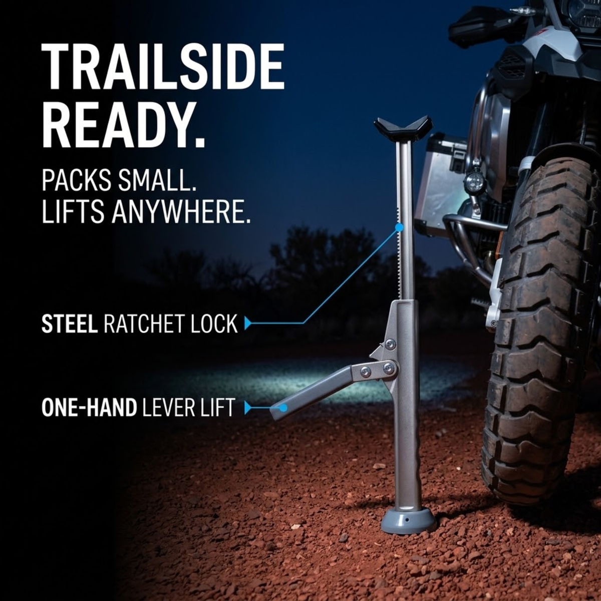 Motorcycle Ratchet Lift Stand supporting an adventure motorcycle on a red dirt trail at night, showing the steel ratchet lock and one-hand lever