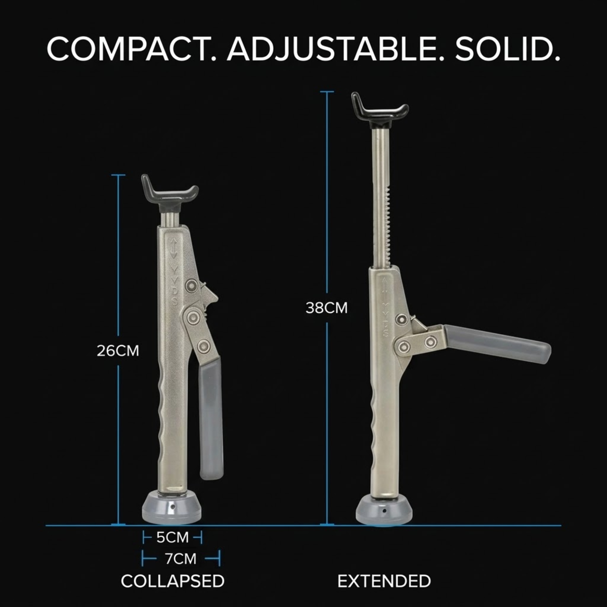 Motorcycle Ratchet Lift Stand dimensions: 26 cm collapsed and 38 cm extended, with a 5 cm by 7 cm base