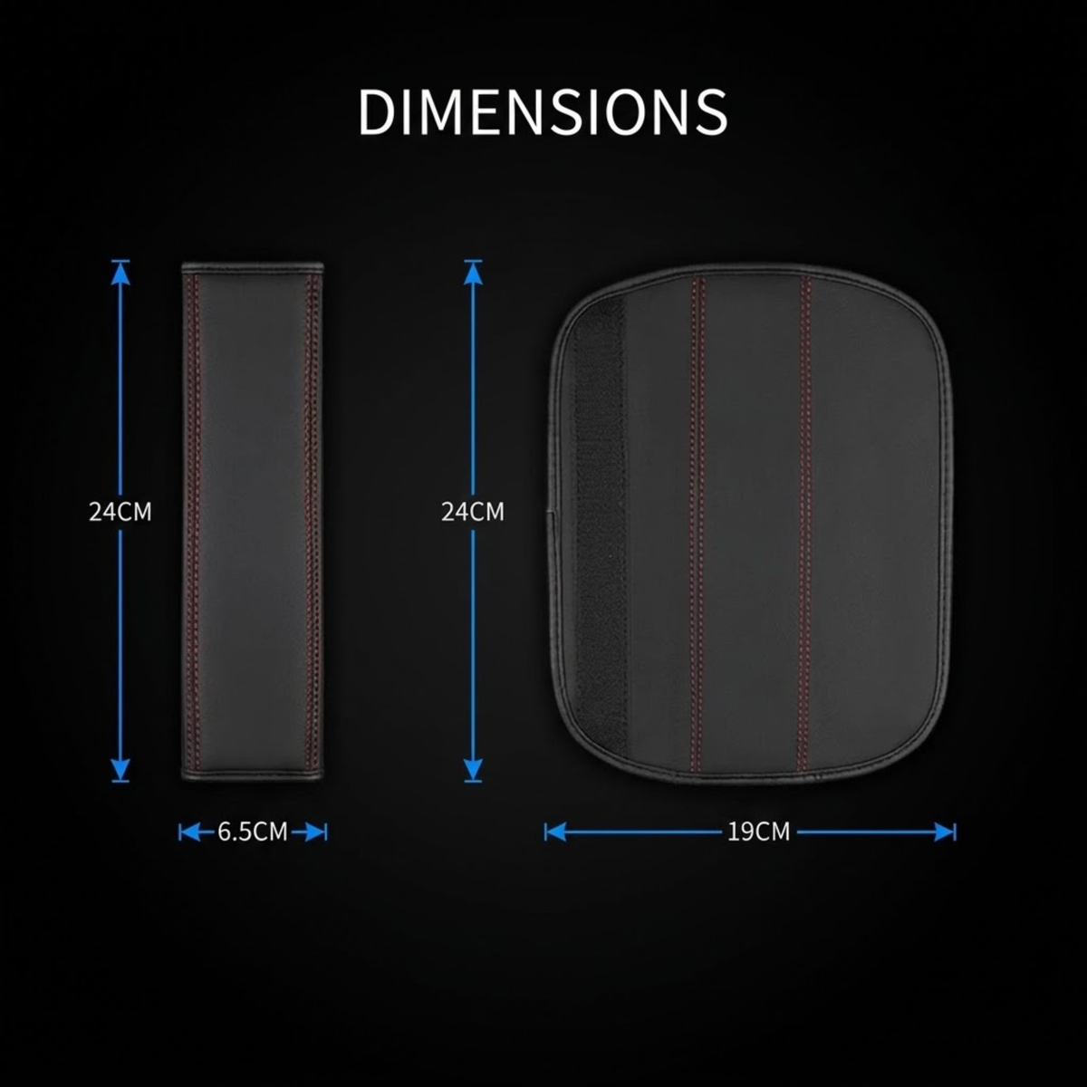 Product dimensions diagram on a black background showing two black padded inserts with red stitching: a narrow rectangular piece labeled 24CM x 6.5CM and a larger rounded rectangular piece labeled 24CM x 19CM.
