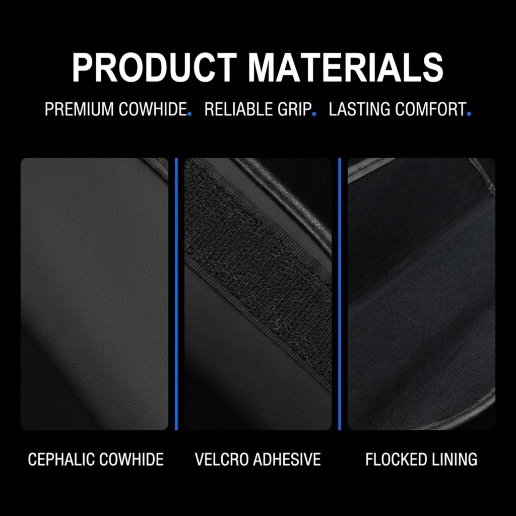 Product materials infographic on a black background showing three close-up texture panels labeled Cephalic Cowhide, Velcro Adhesive, and Flocked Lining, with headline text 'PRODUCT MATERIALS' and supporting copy.