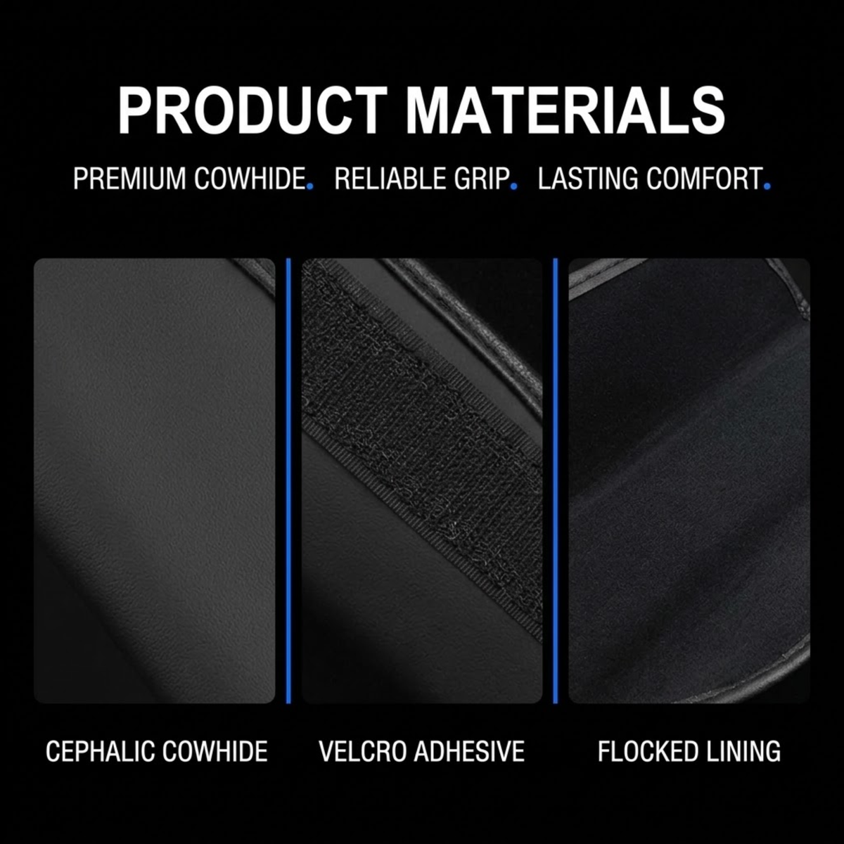 Product materials infographic on a black background showing three close-up texture panels labeled Cephalic Cowhide, Velcro Adhesive, and Flocked Lining, with headline text 'PRODUCT MATERIALS' and supporting copy.