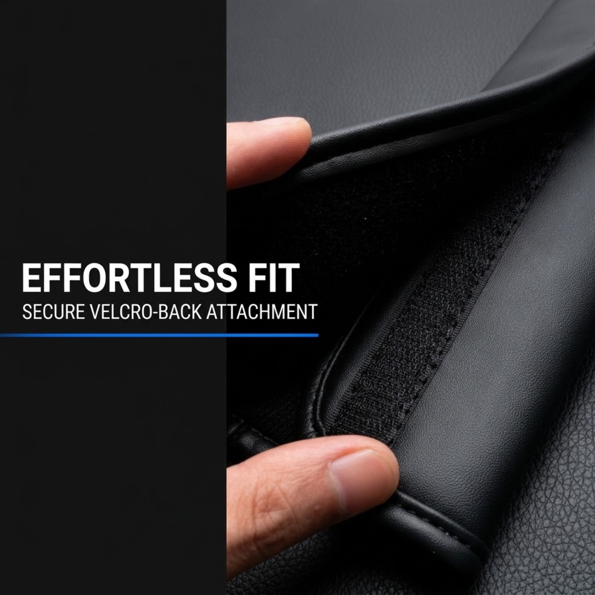 Close-up of a black textured accessory being adjusted by two fingers, with text on the left reading 'EFFORTLESS FIT' and 'SECURE VELCRO-BACK ATTACHMENT'.
