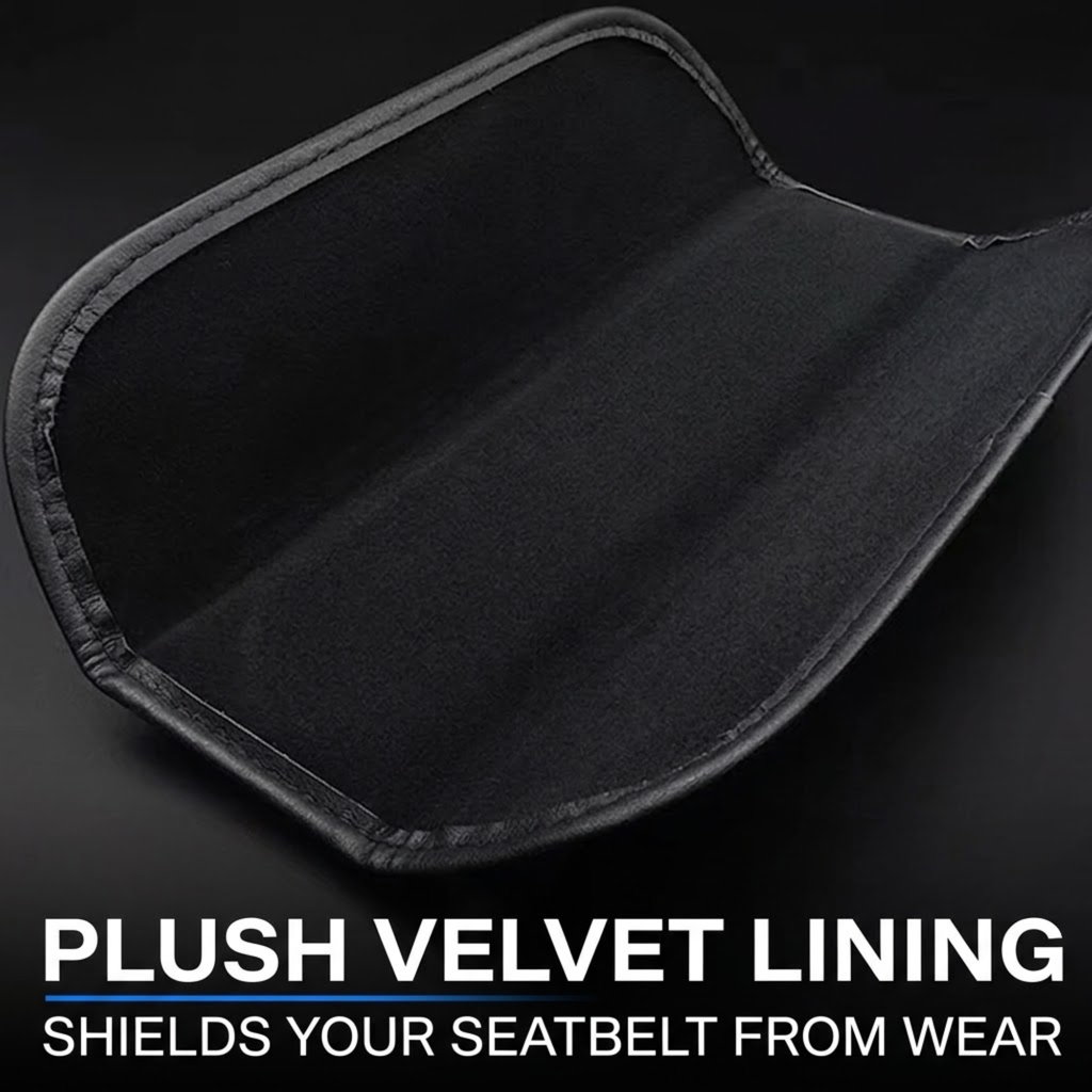 Black plush velvet seatbelt protector cover with stitched edges, shown on a dark background with text reading 'PLUSH VELVET LINING SHIELDS YOUR SEATBELT FROM WEAR'.