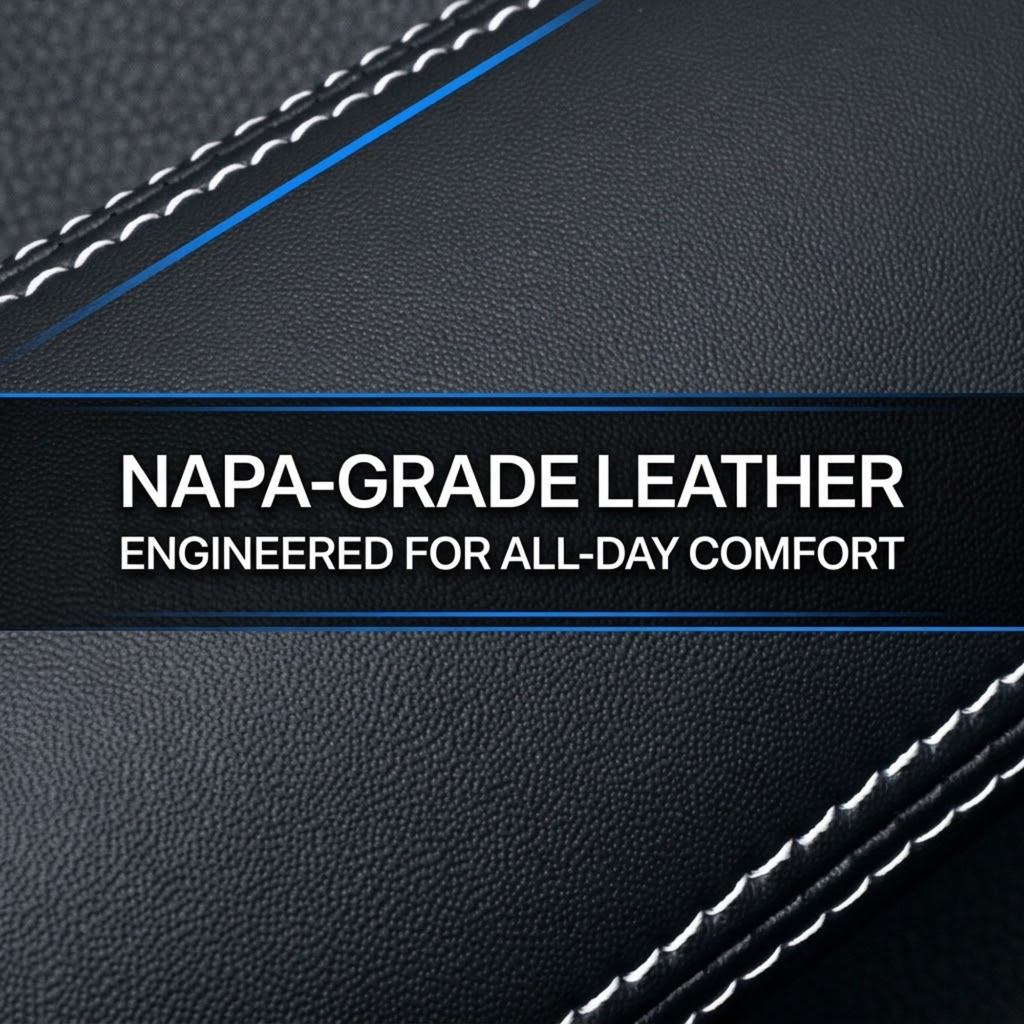 Close-up of black pebbled leather with white contrast stitching and a blue accent line, overlaid with the text 'NAPA-GRADE LEATHER ENGINEERED FOR ALL-DAY COMFORT'.