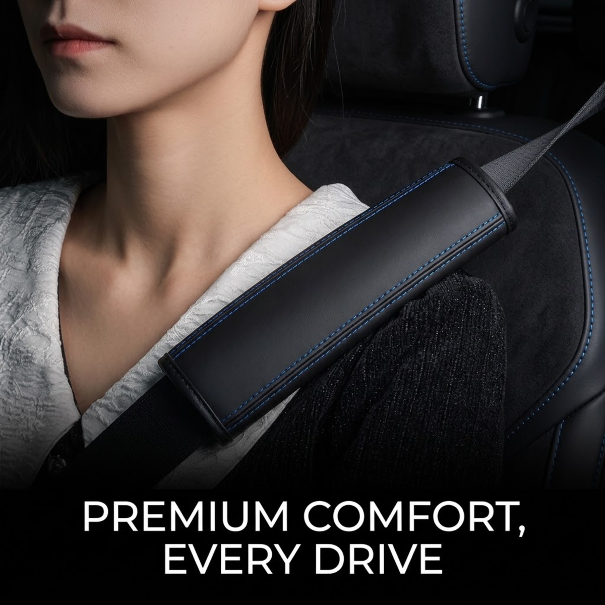 Close-up of a woman seated in a car wearing a black seat belt with blue contrast stitching over a gray shirt. The image includes the text 'PREMIUM COMFORT, EVERY DRIVE' at the bottom.