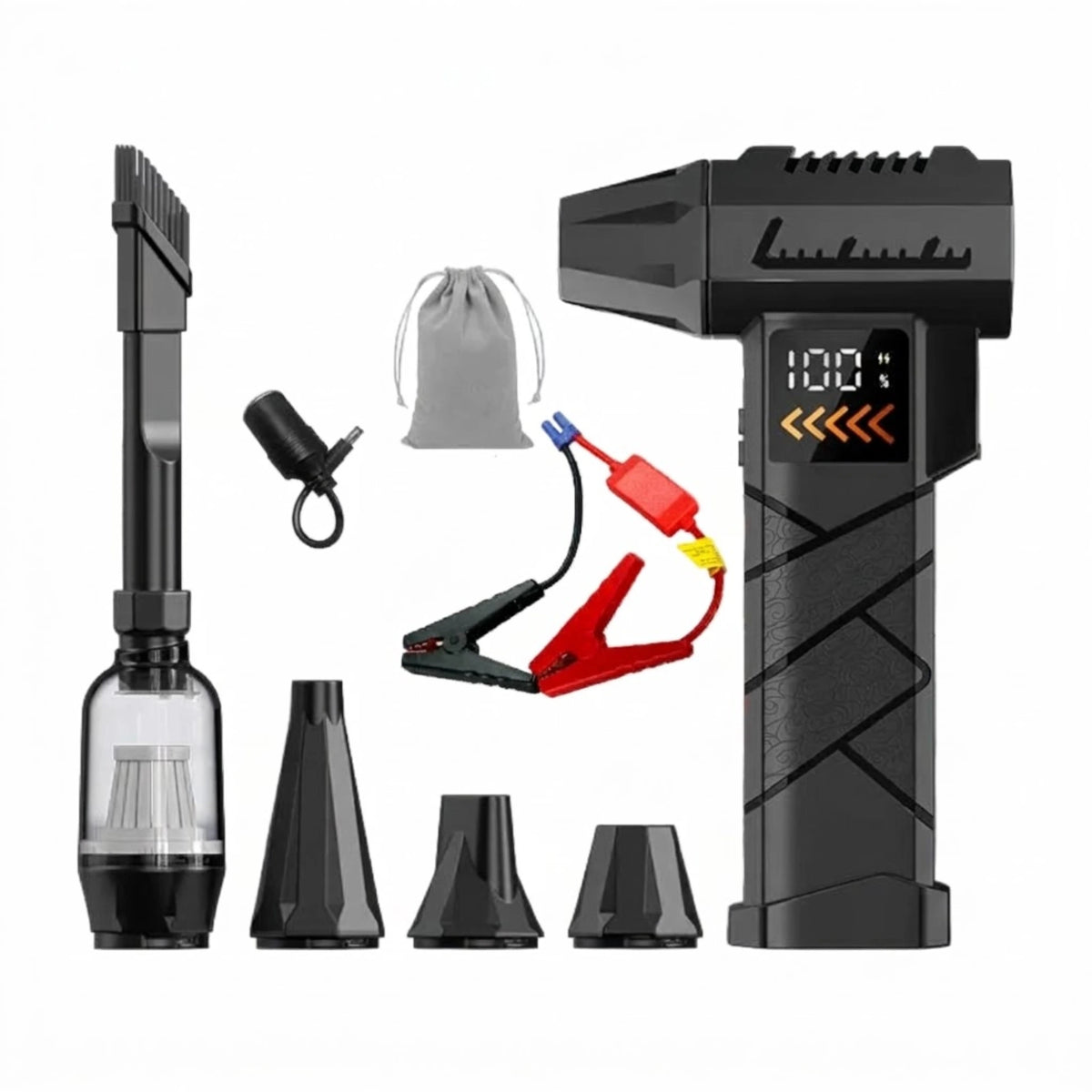 Turbo jet blower jump starter with vacuum attachments, nozzles, jump leads, adaptor and storage pouch