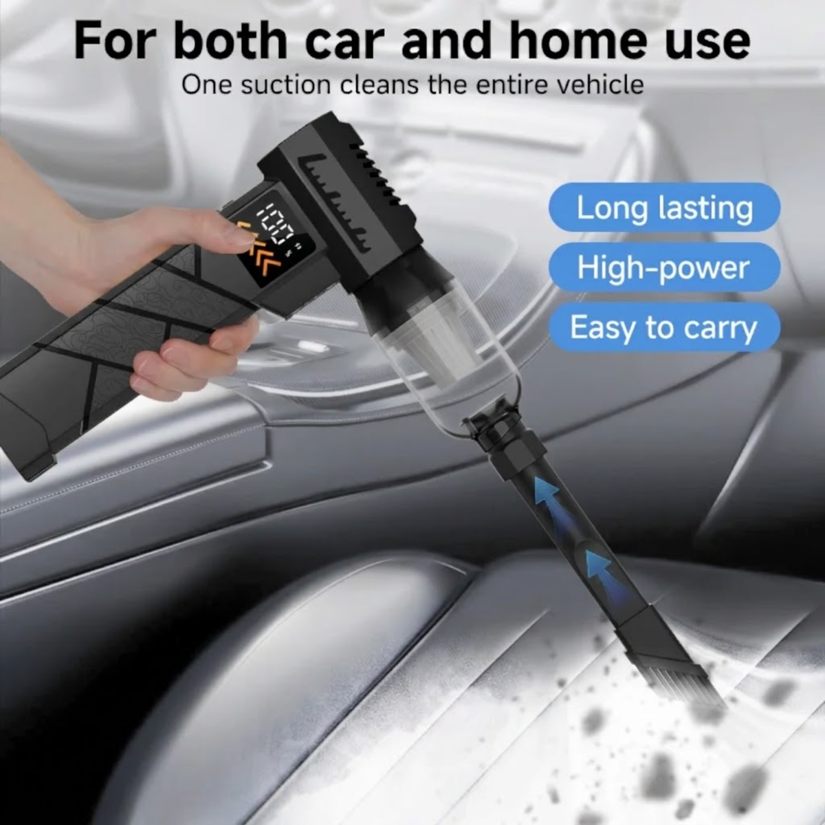 Turbo jet blower jump starter with vacuum attachment cleaning dust from a car seat