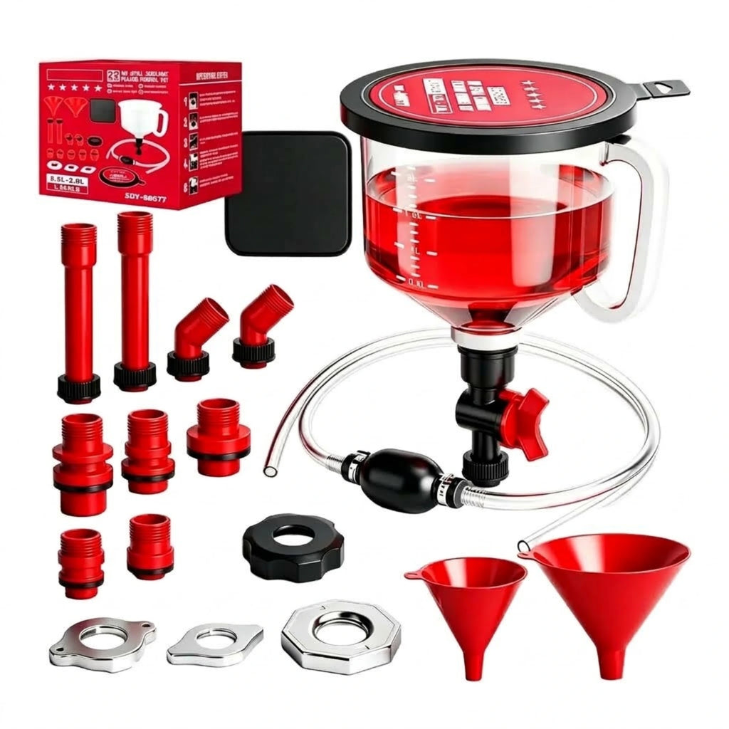 No-spill coolant funnel kit contents including funnel, shut-off valve, adapters, caps, funnels and siphon pump