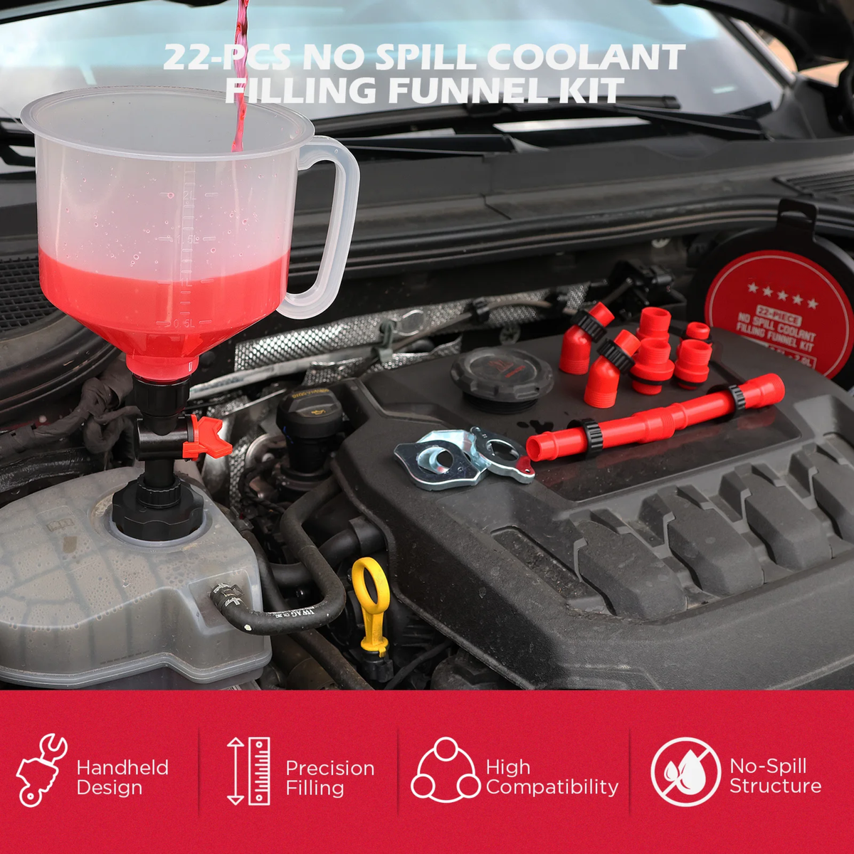 No-spill coolant funnel kit fitted to a car radiator filling with red coolant in an engine bay