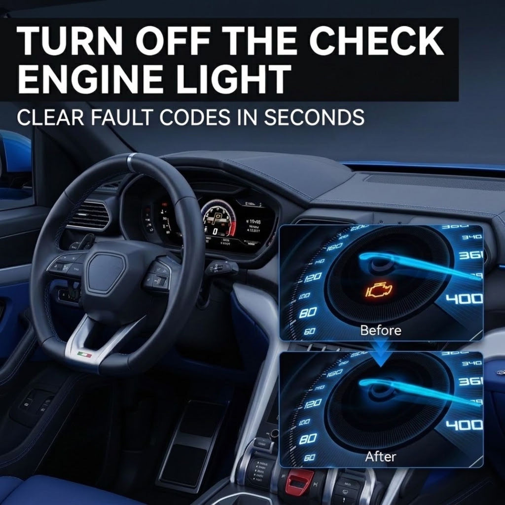 Promotional graphic for a check engine light reset tool, showing a car interior with large text reading 'TURN OFF THE CHECK ENGINE LIGHT' and 'CLEAR FAULT CODES IN SECONDS.' Two inset panels labeled 'Before' and 'After' demonstrate a glowing orange check engine icon on the dashboard display, with the 'After' panel showing it turned off.