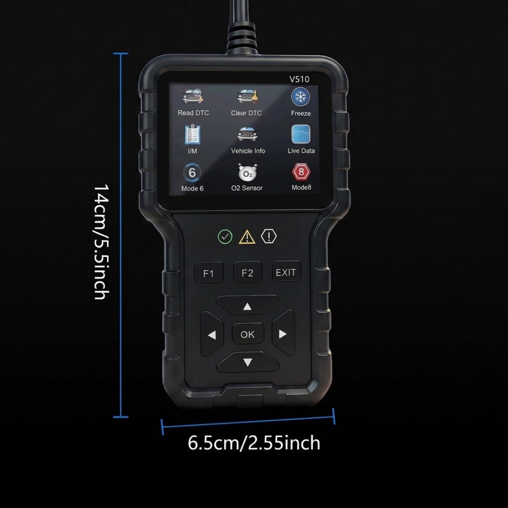 A handheld automotive diagnostic scanner tool with a rugged black plastic body and a color screen displaying various vehicle diagnostic options. The image includes dimension lines and text indicating its height is 14cm (5.
