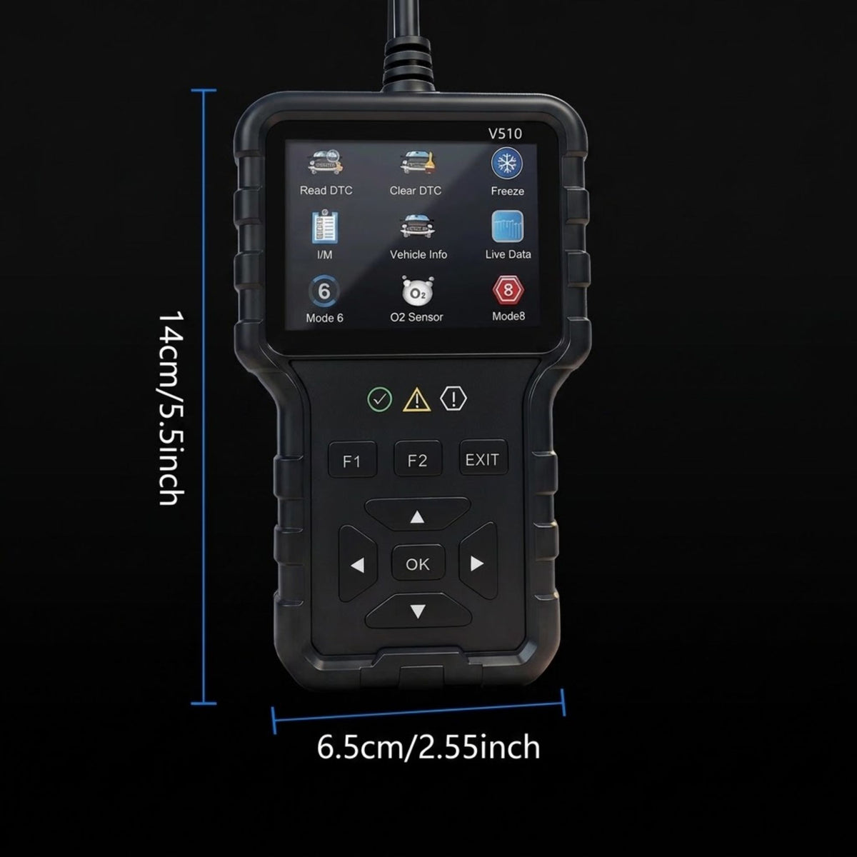 A handheld automotive diagnostic scanner tool with a rugged black plastic body and a color screen displaying various vehicle diagnostic options. The image includes dimension lines and text indicating its height is 14cm (5.