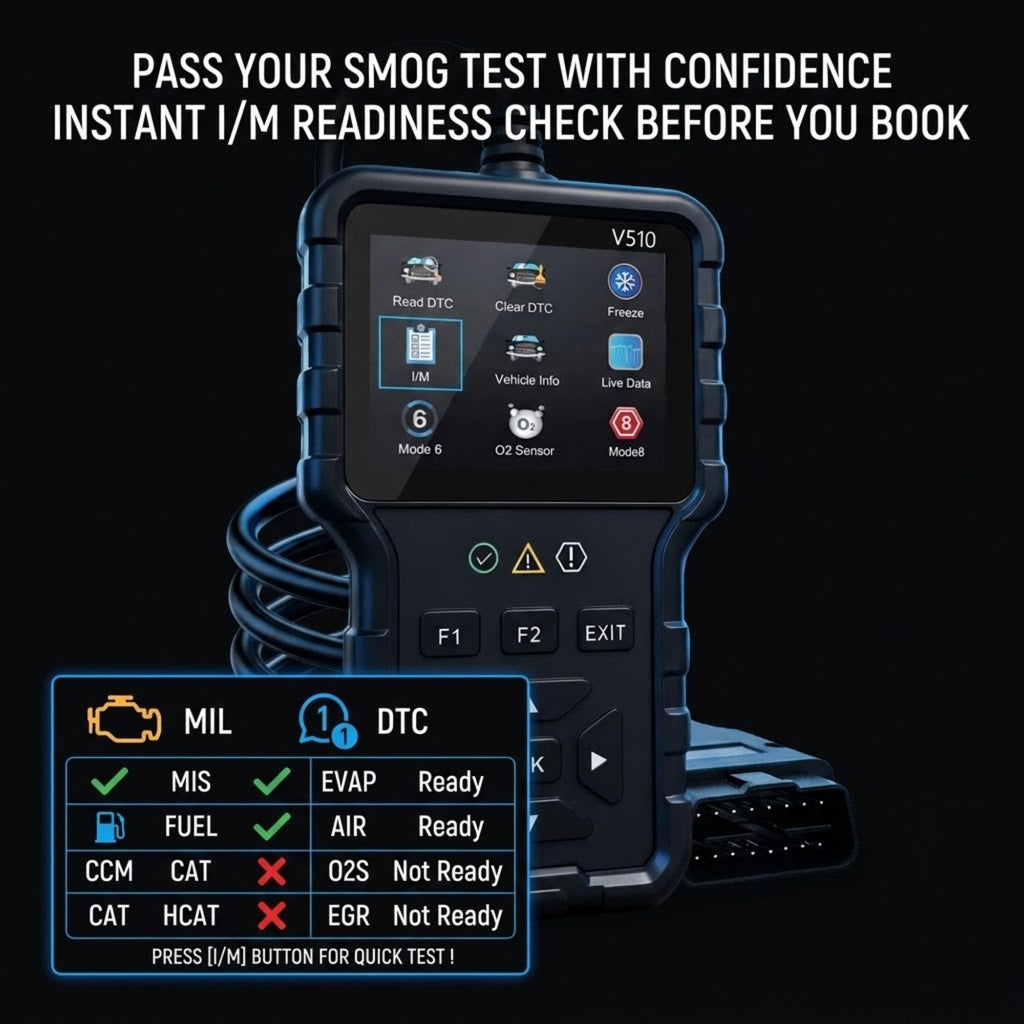 An automotive diagnostic scanner device labeled VS10, shown on a black background with promotional text at the top and a test-status display overlay at the bottom left.
