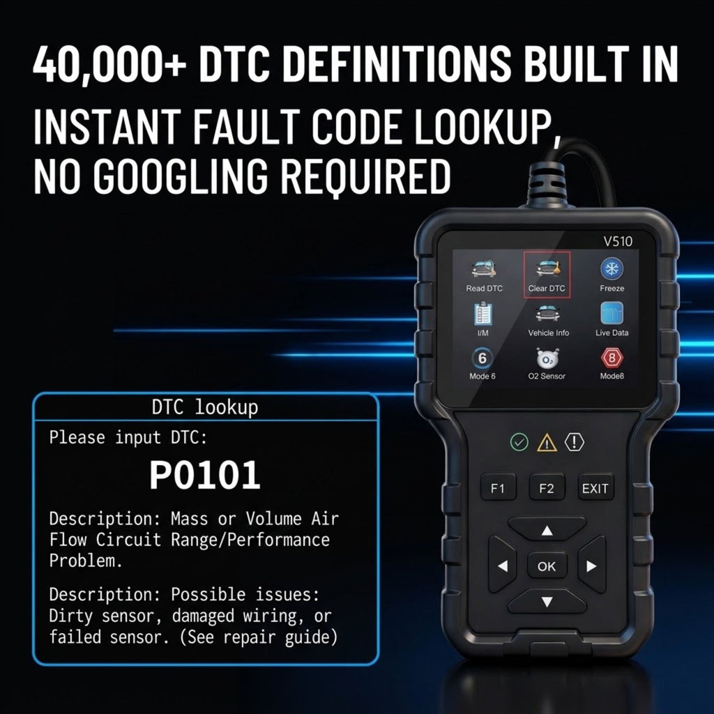 A black DTC code scanner diagnostic tool with a color screen showing various vehicle system icons, set against a dark blue background with promotional text about DTC definitions and an example P0101 fault code lookup.