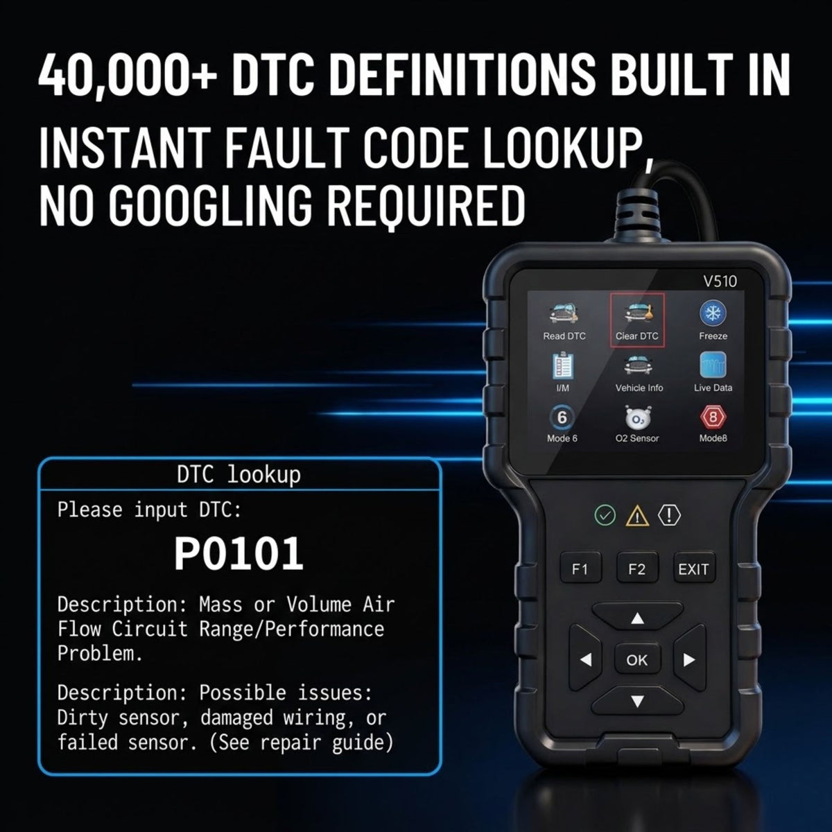 A black DTC code scanner diagnostic tool with a color screen showing various vehicle system icons, set against a dark blue background with promotional text about DTC definitions and an example P0101 fault code lookup.