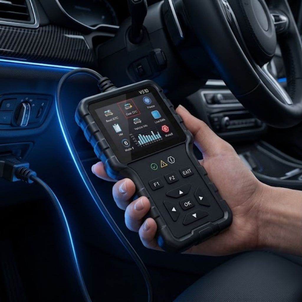 A hand holding a rugged black diagnostic scanner device with a screen and buttons, connected to a car's power source inside a vehicle cabin.