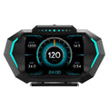 OBD2 Head-Up Display showing speed, RPM, voltage, distance and time with blue ambient side lighting