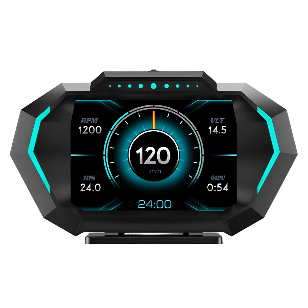 OBD2 Head-Up Display showing speed, RPM, voltage, distance and time with blue ambient side lighting