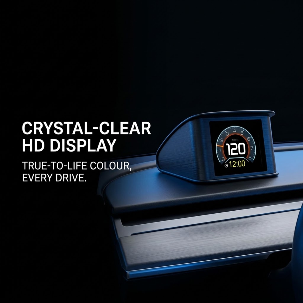 A crystal-clear car dashboard display showing a speedometer reading 120, mounted on a car console against a dark background with promotional text.