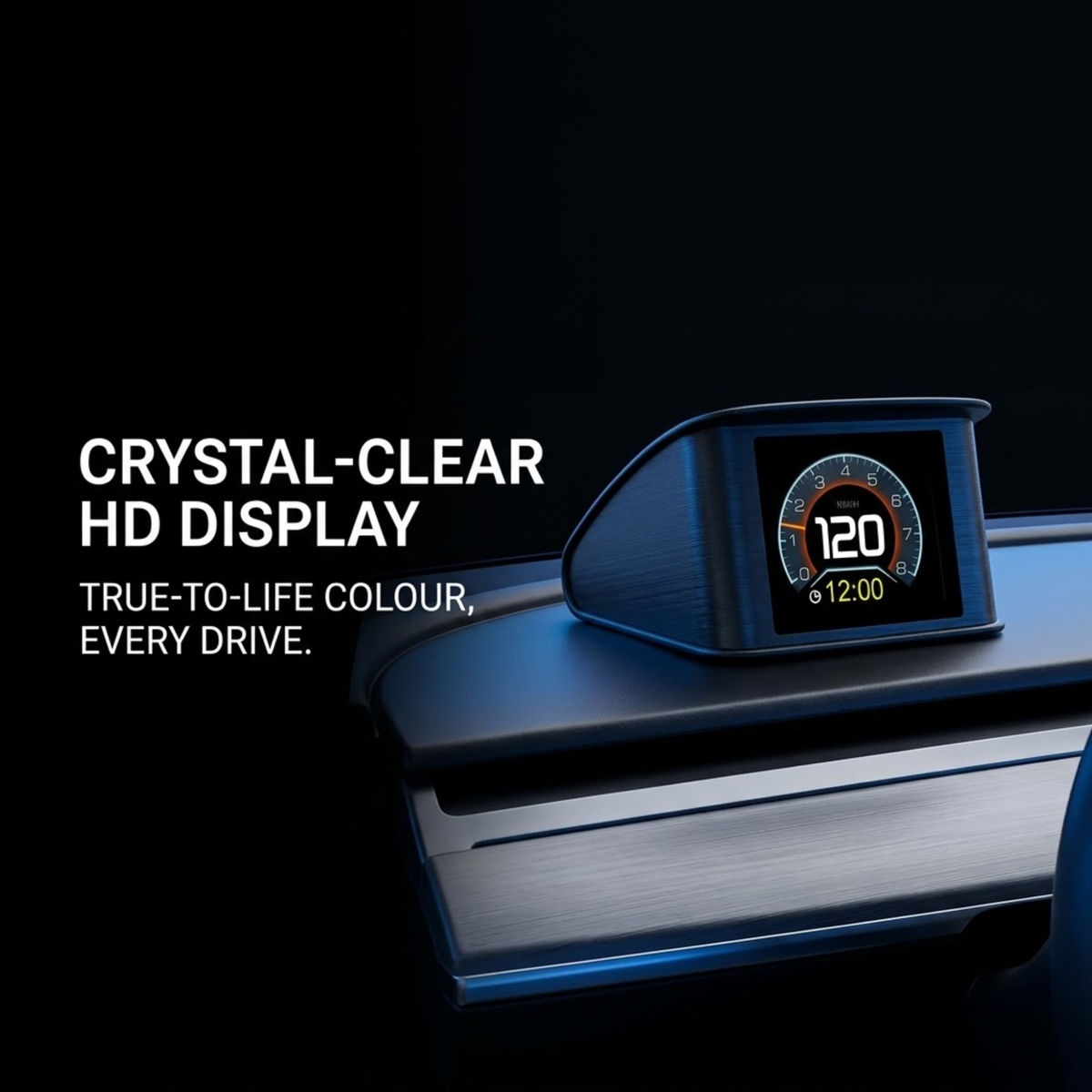 A crystal-clear car dashboard display showing a speedometer reading 120, mounted on a car console against a dark background with promotional text.