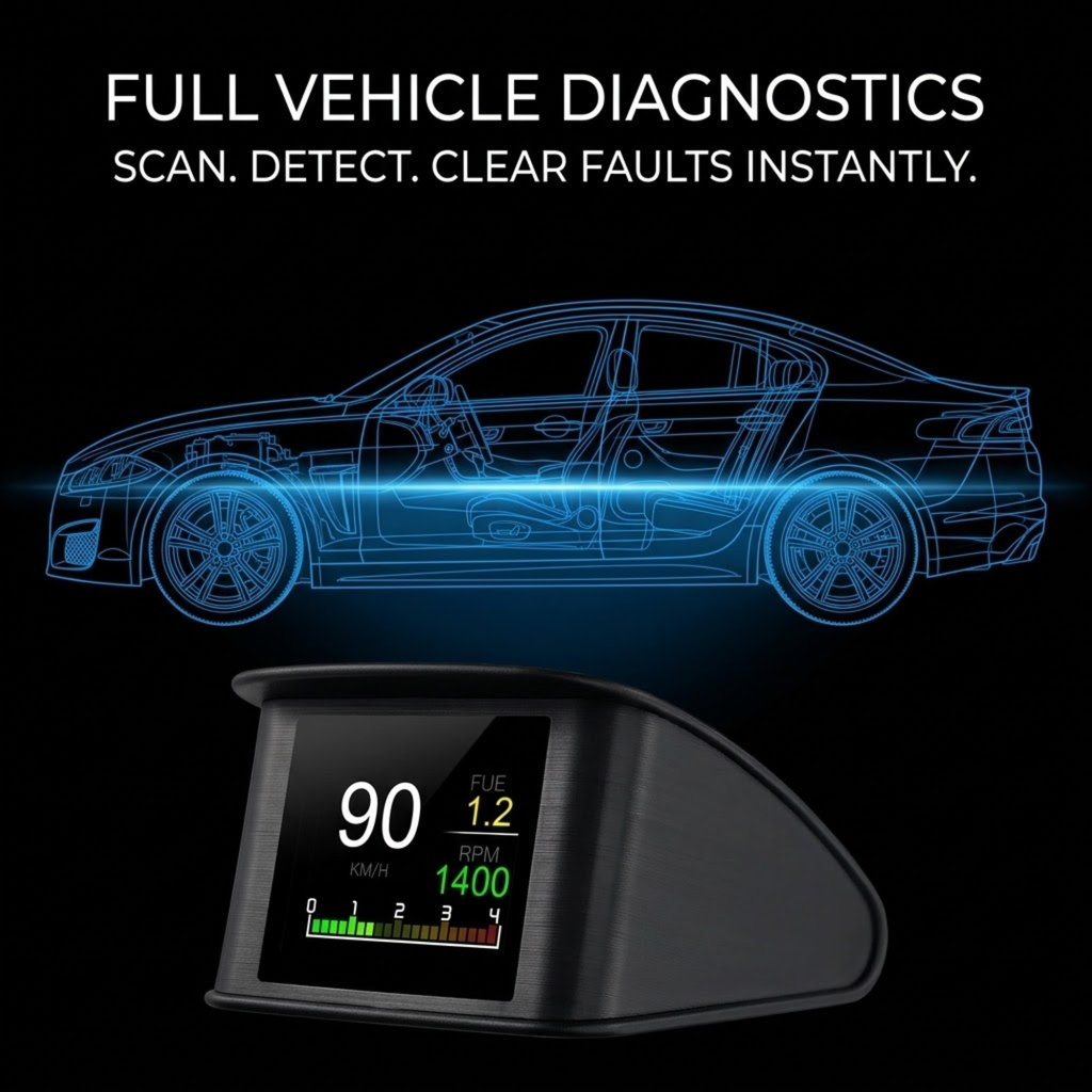 A black automotive dashboard display screen with a curved top, shown below a blue wireframe car illustration and the text 'FULL VEHICLE DIAGNOSTICS SCAN. DETECT.