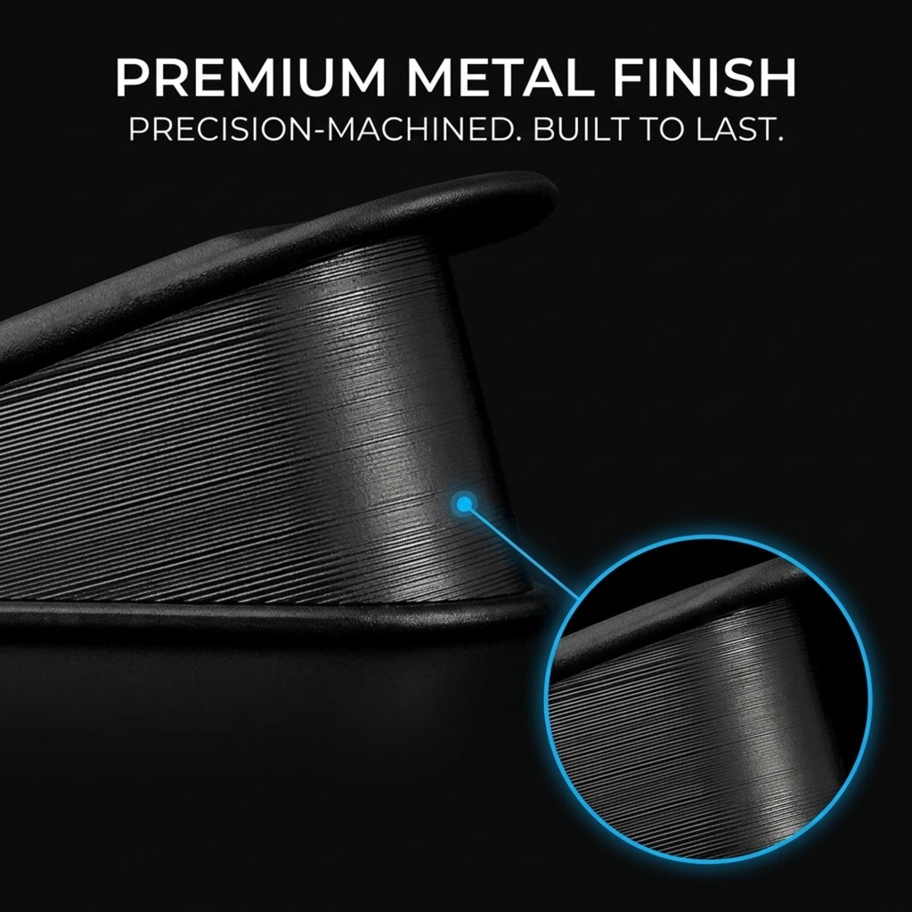 Close-up of a black metal cylindrical component on a black background with text reading 'PREMIUM METAL FINISH' and a circular inset highlighting the machined surface.
