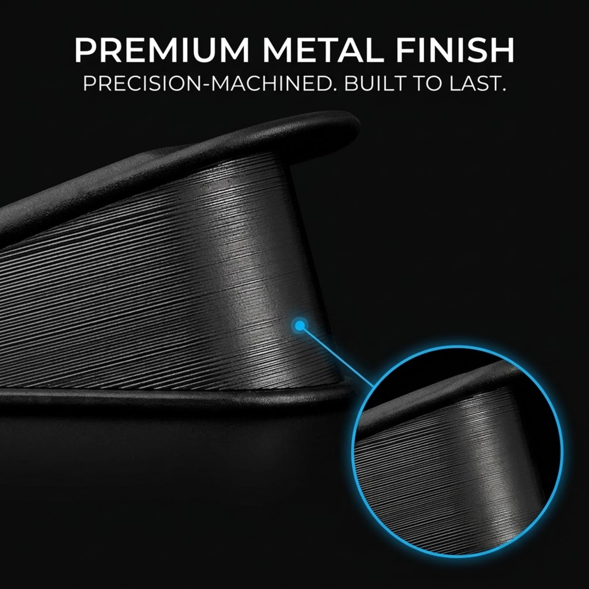 Close-up of a black metal cylindrical component on a black background with text reading 'PREMIUM METAL FINISH' and a circular inset highlighting the machined surface.
