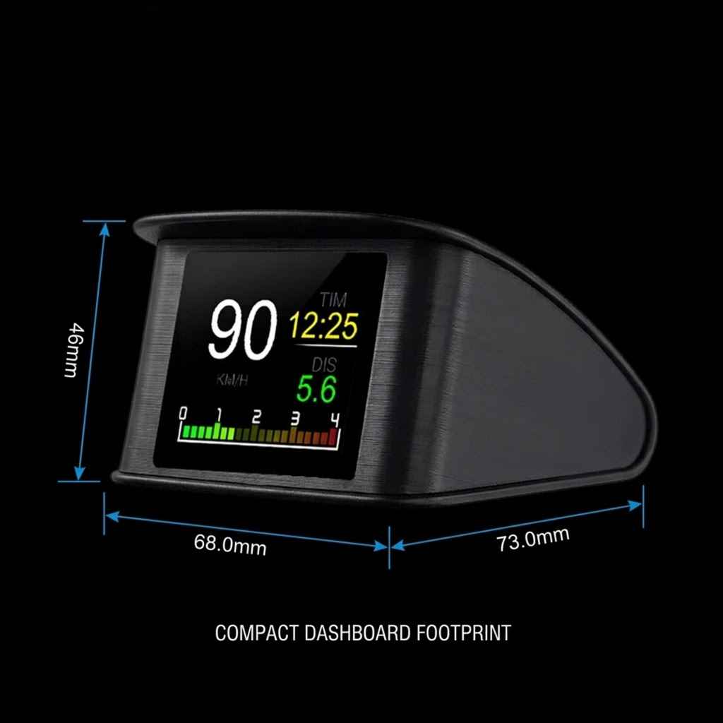 A compact digital dashboard display unit with a black brushed finish, shown on a black background with blue dimension lines indicating 460mm height, 68.0mm width, 73.