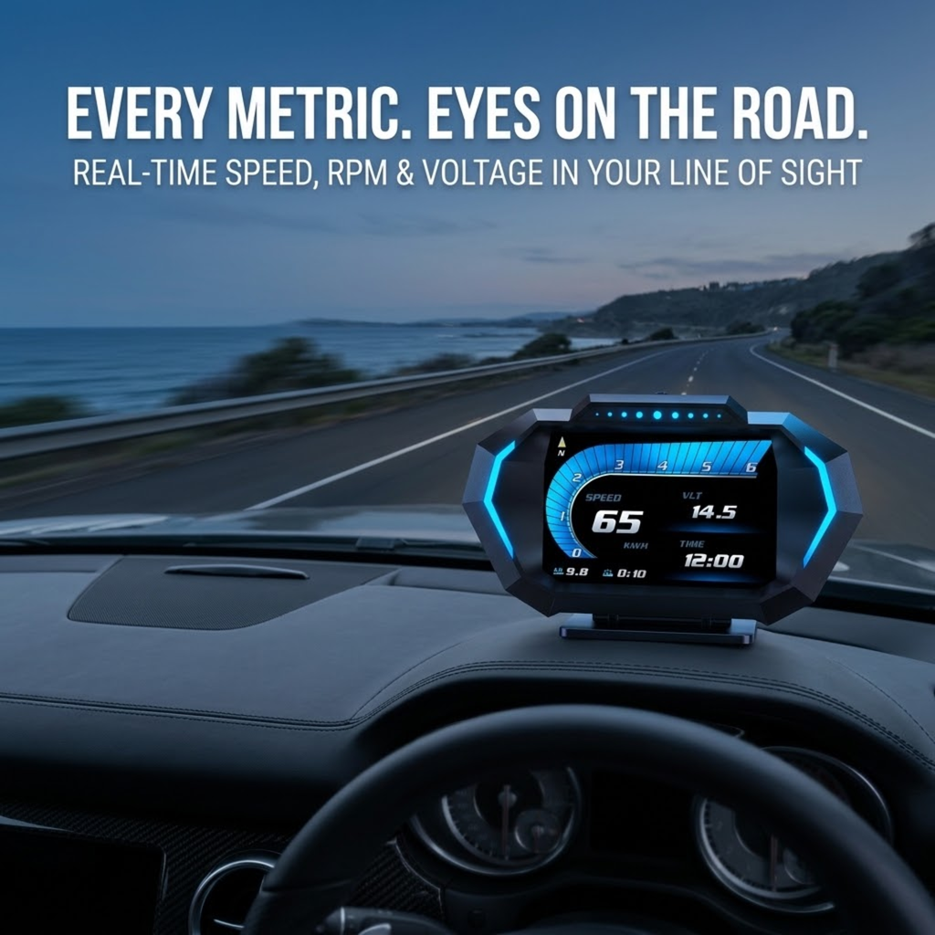 OBD2 Head-Up Display on a car dashboard showing speed and voltage while driving a coastal road at dusk