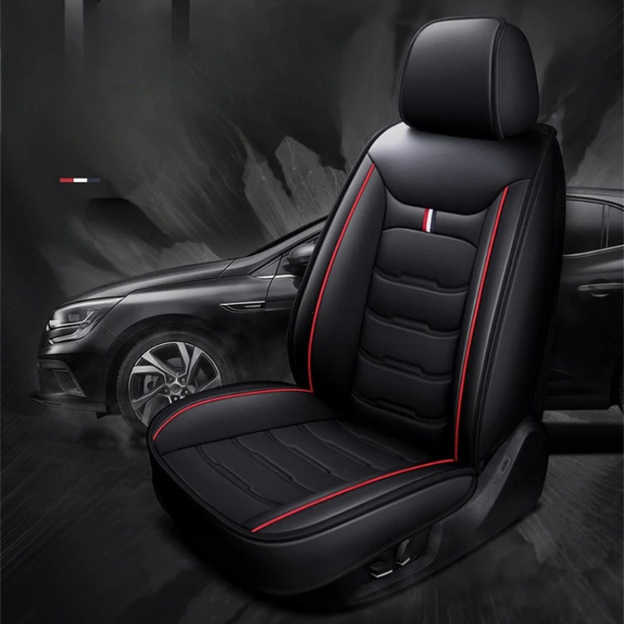 PU Leather Seat Cover fitted in a car parked at night with a moody dark background