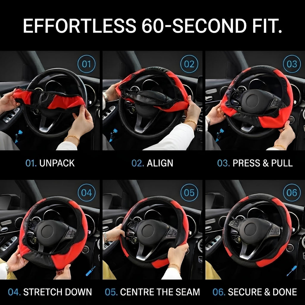 Six-panel instructional graphic showing how to fit a red and black steering wheel cover in 60 seconds. The panels show hands unpacking, aligning, pressing and pulling, stretching down, centering the seam, and securing the cover on a car steering wheel.
