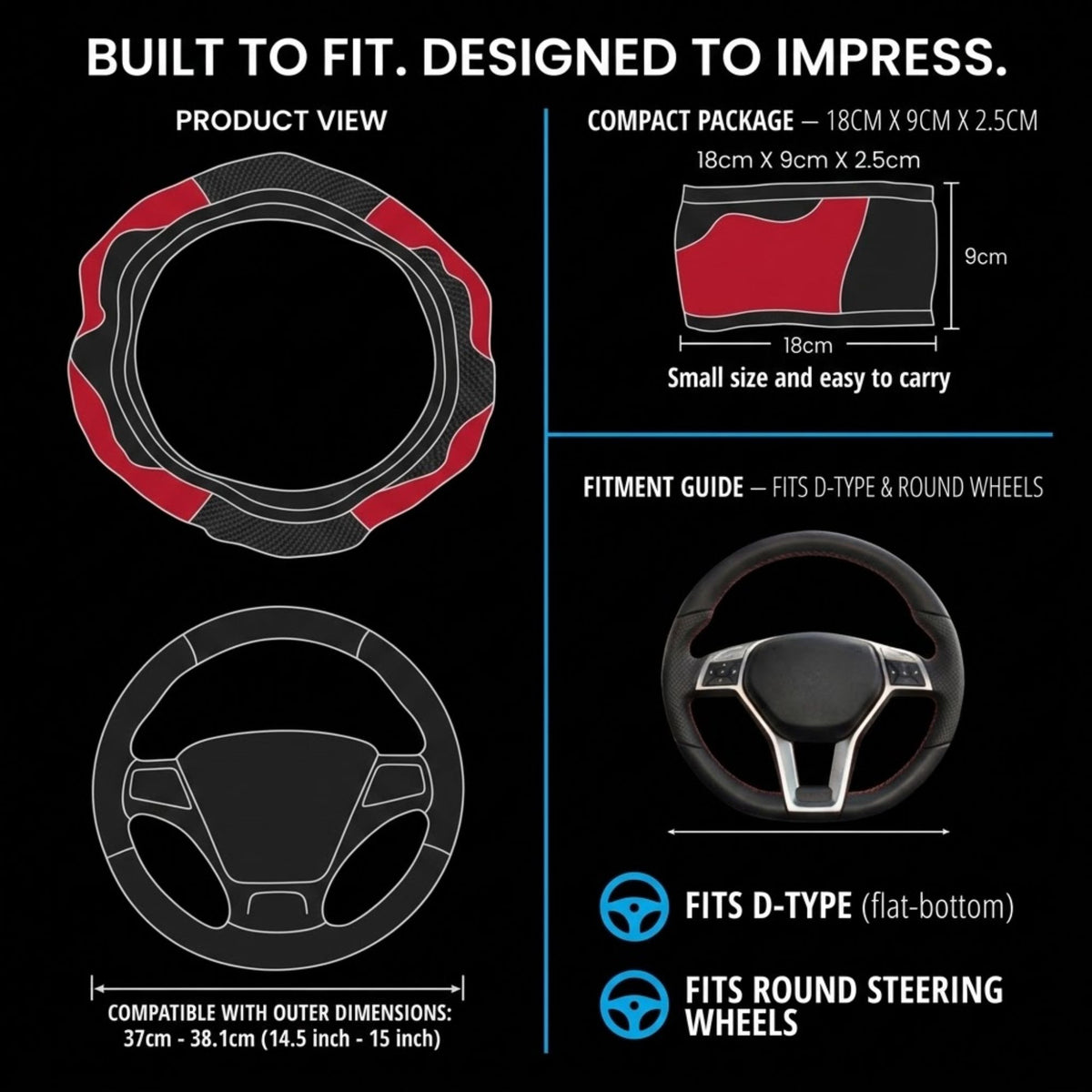 A black informational graphic for a steering wheel cover, showing the product view with red and black sections, compact package dimensions, fitment guide, compatibility with D-type and round steering wheels, and feature callouts on a black background.