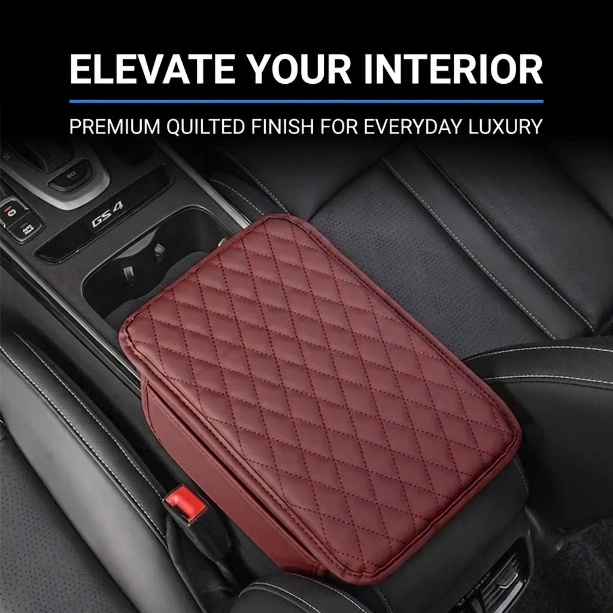 A quilted car center console organizer in burgundy red, shown installed on a black car seat next to the console. The image includes promotional text at the top reading 'ELEVATE YOUR INTERIOR' and 'PREMIUM QUILTED FINISH FOR EVERYDAY LUXURY'.