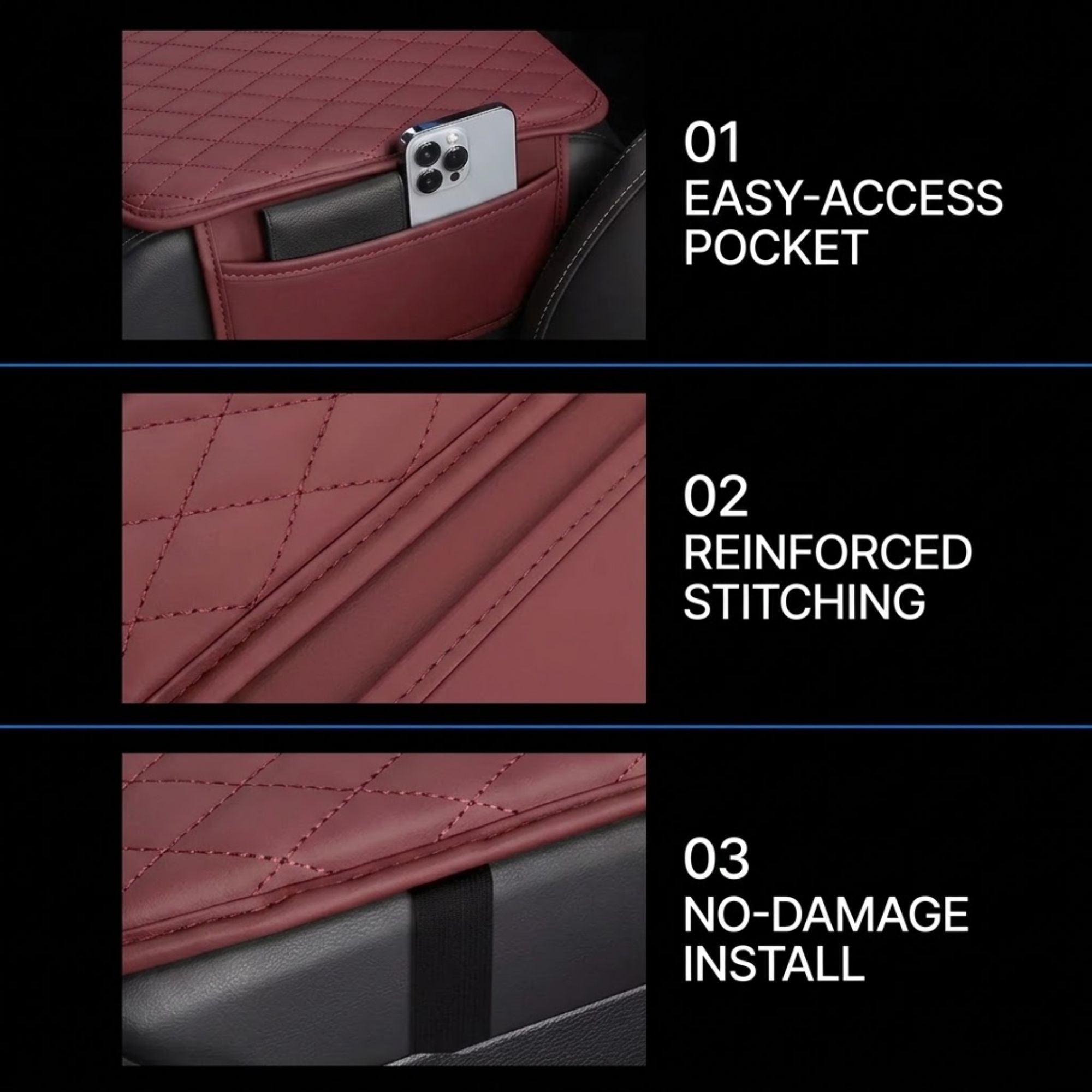Three-panel product feature graphic showing a burgundy quilted car center console pocket organizer. The top panel shows the pocket holding a smartphone, labeled '01 EASY-ACCESS POCKET.