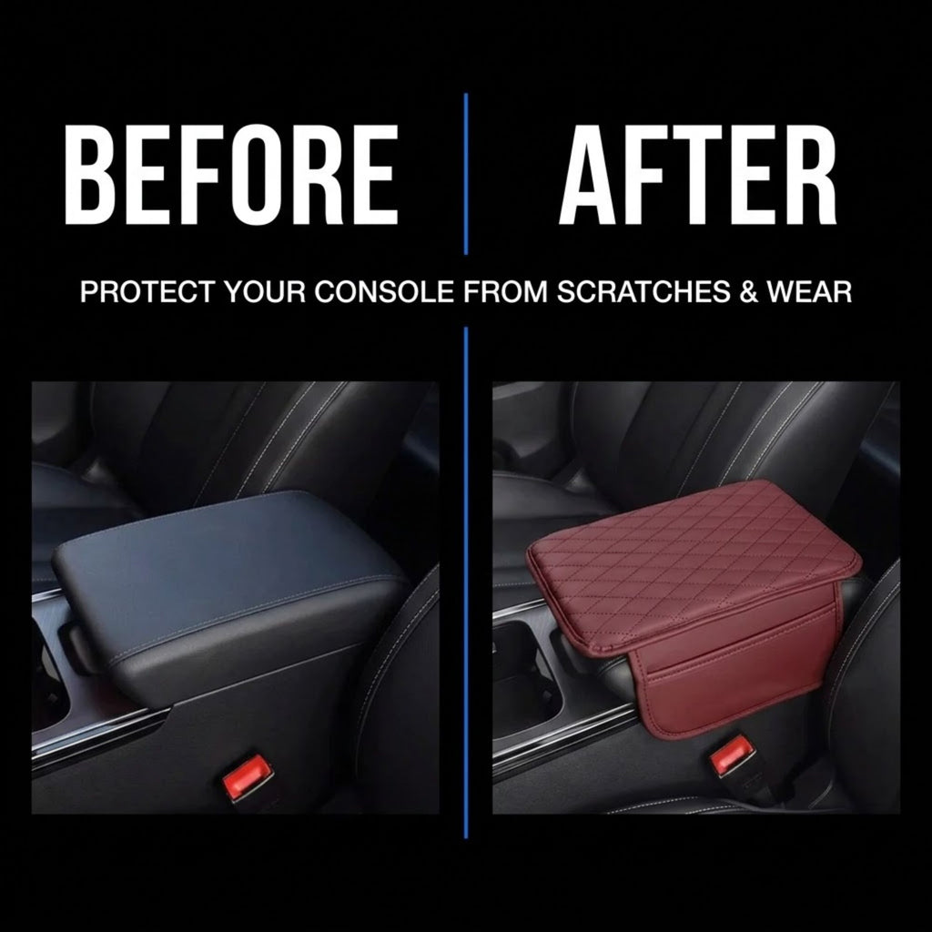 Before and after comparison showing a car center console armrest protector. The left 'Before' image shows a black leather console cover worn by a car seat.