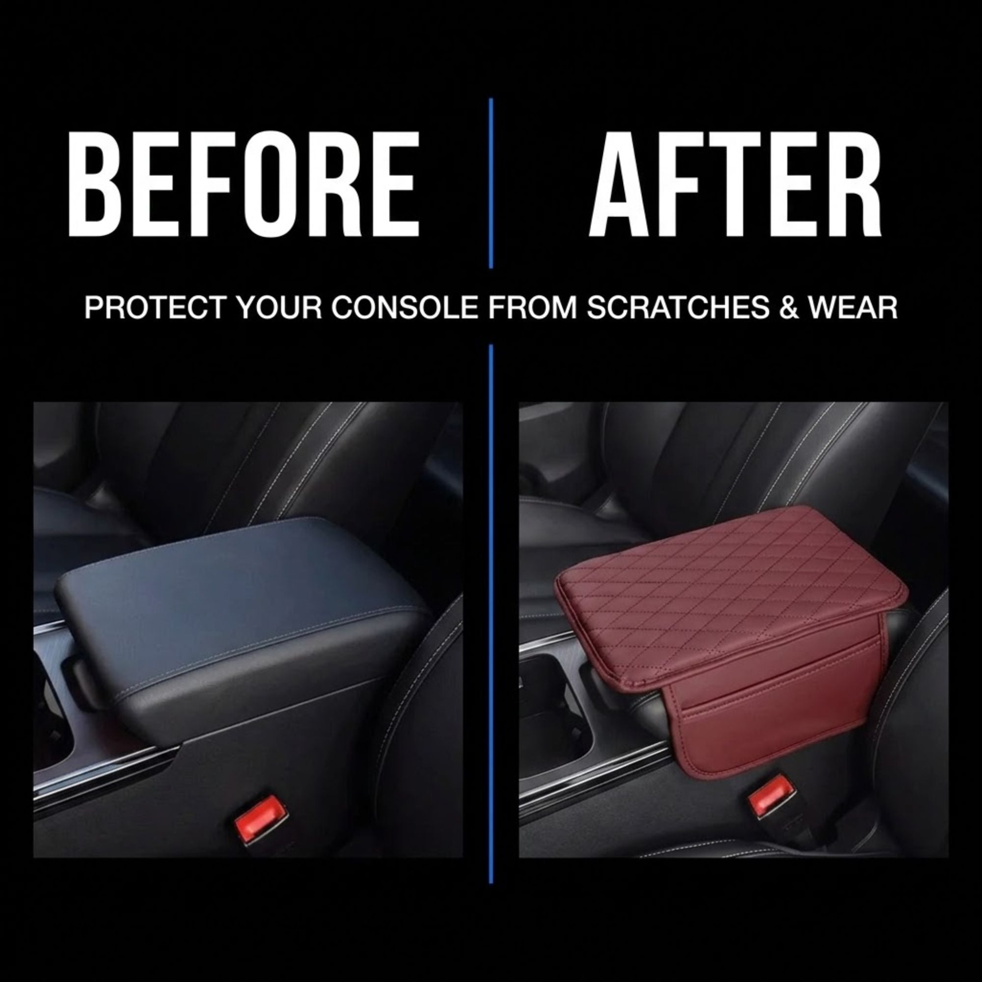 Before and after comparison showing a car center console armrest protector. The left 'Before' image shows a black leather console cover worn by a car seat.