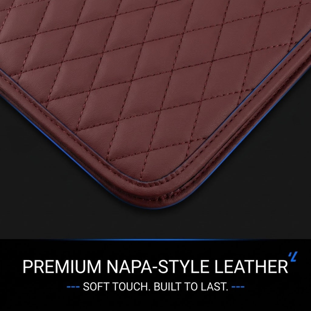Close-up of a quilted brown leather product corner with blue piping, shown on a dark background with text reading 'PREMIUM NAPA-STYLE LEATHER' and 'SOFT TOUCH. BUILT TO LAST.